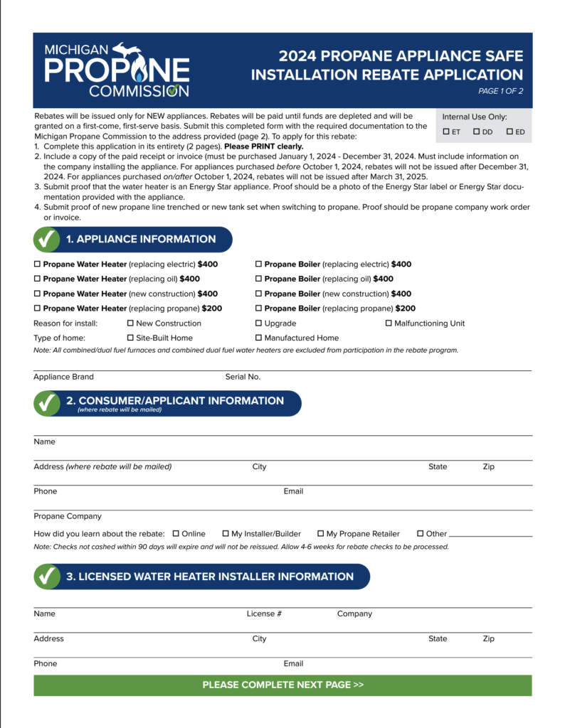 Michigan Propane Commission 2024 Propane Appliance Safe Installation Rebate Application form